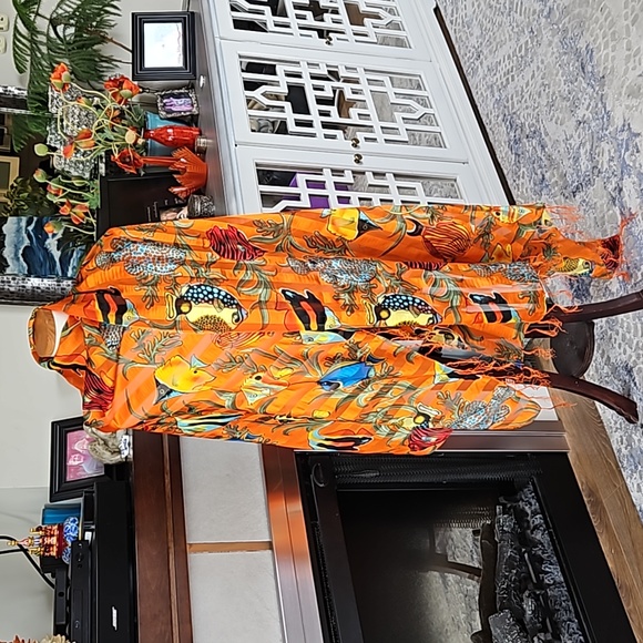 Large Scarf, wrap, or Beach cover up. Orange with colorful fish design. - Picture 3 of 6